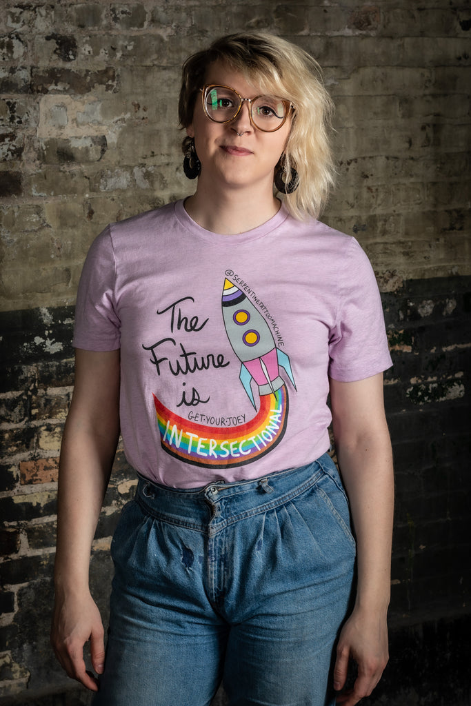 get your joey apparel the future is intersectional pink t-shirt rainbow spaceship
