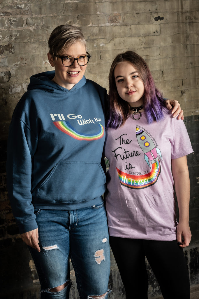 get your joey apparel the future is intersectional pink t-shirt rainbow spaceship I'll go with you hoodie