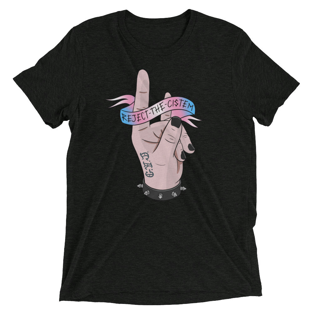 T-shirt with reject the cistem image in trans flag colours. In charcoal