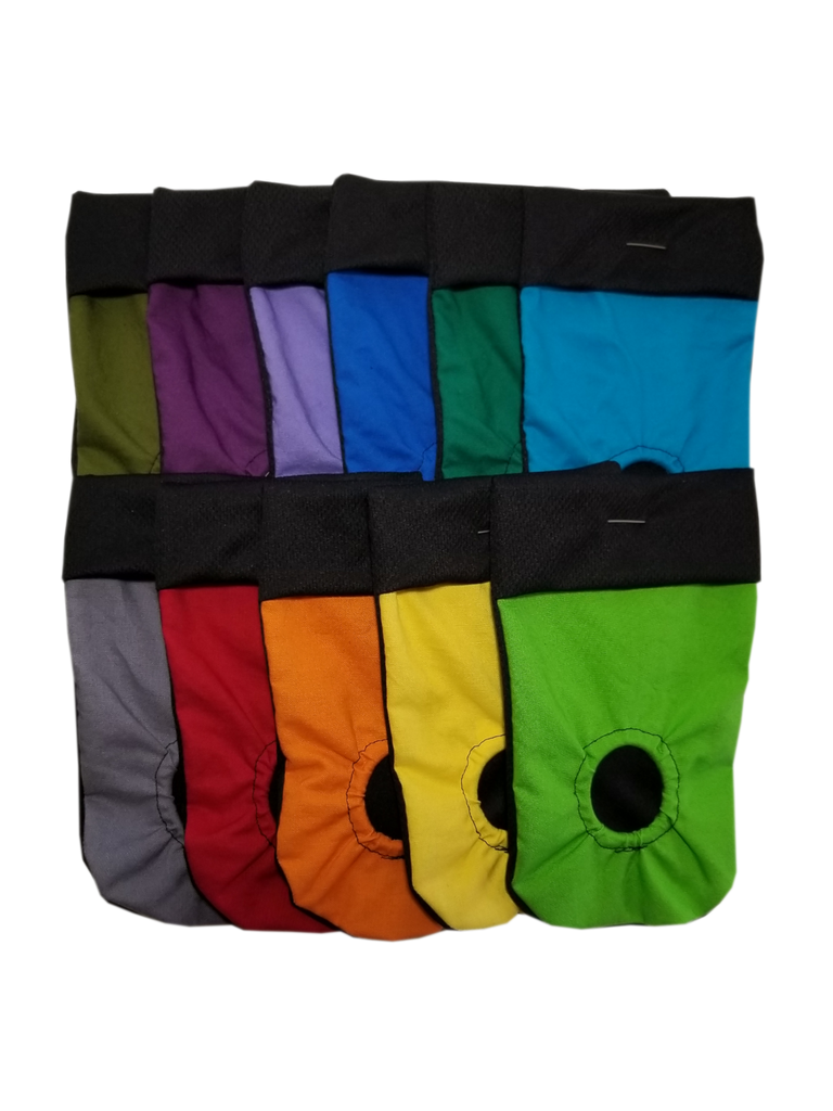 Colourful Joeyos  packing pouch for FTM, transmasculine and non-binary people. Joeys hold your packer in place.