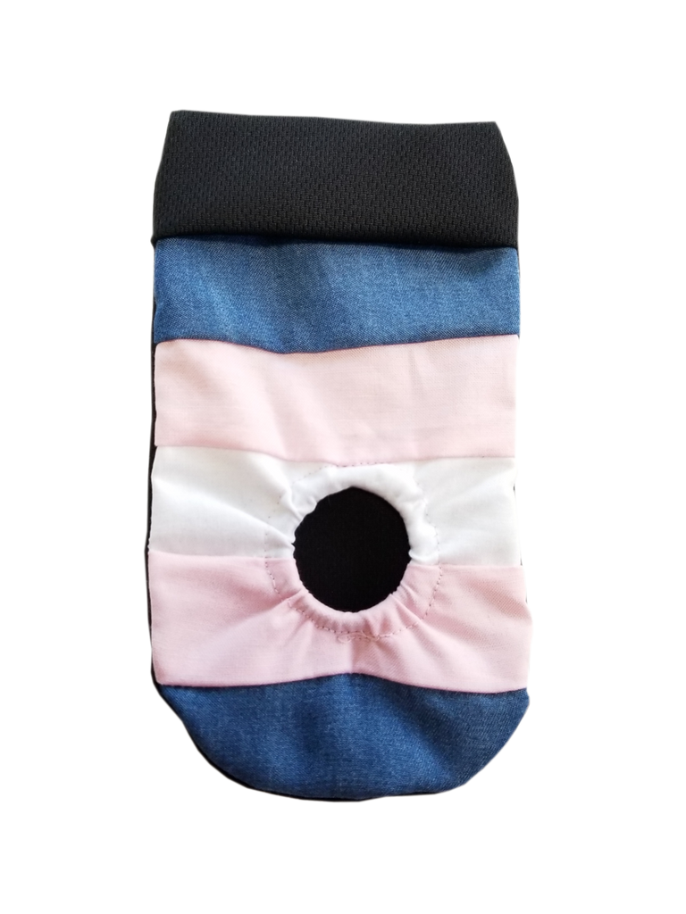 trans flag made with denim, light pink and white stripes. packing pouch for FTM, transmasculine and non-binary people. Joeys hold your packer in place.