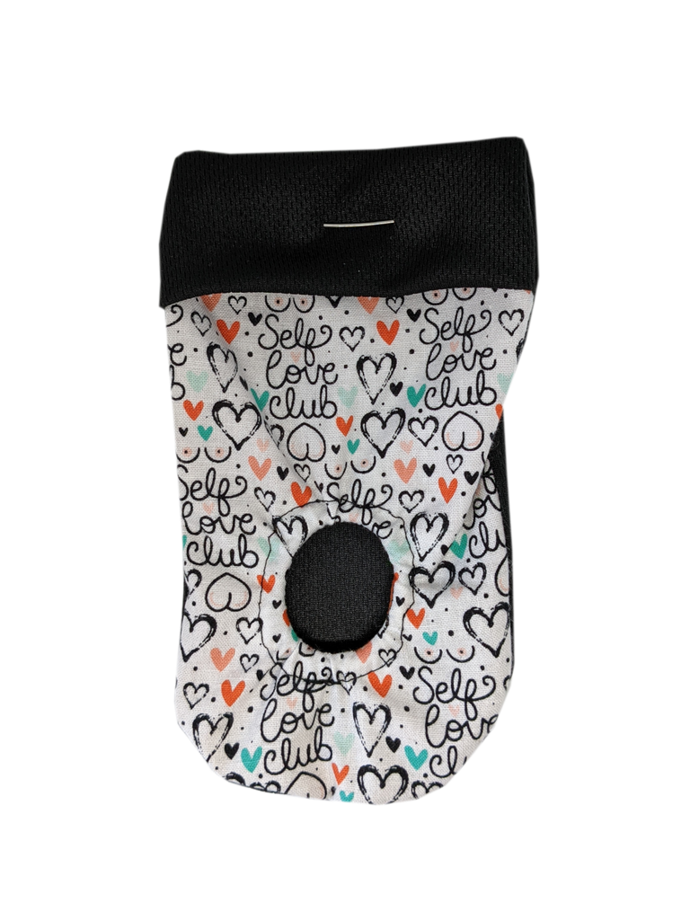 packing pouch for FTM, transmasculine and non-binary people. Joeys hold your packer in place. A doodle pattern on a white background. Traced, teal, peach and orange hearts with swirling text "Self Love Club"