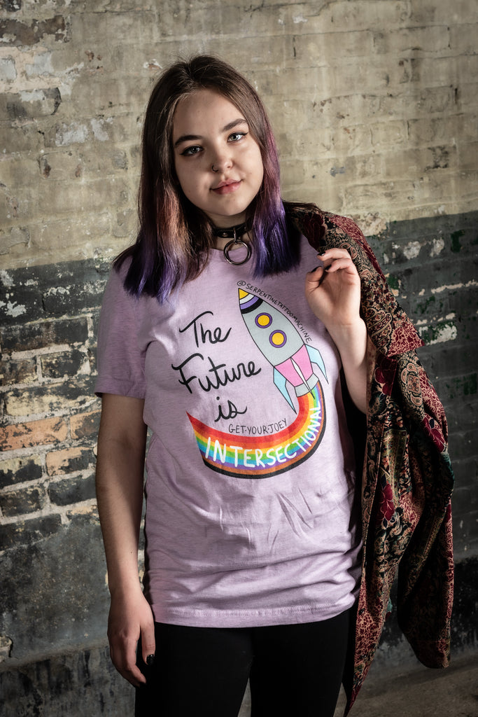 get your joey apparel the future is intersectional pink t-shirt rainbow spaceship