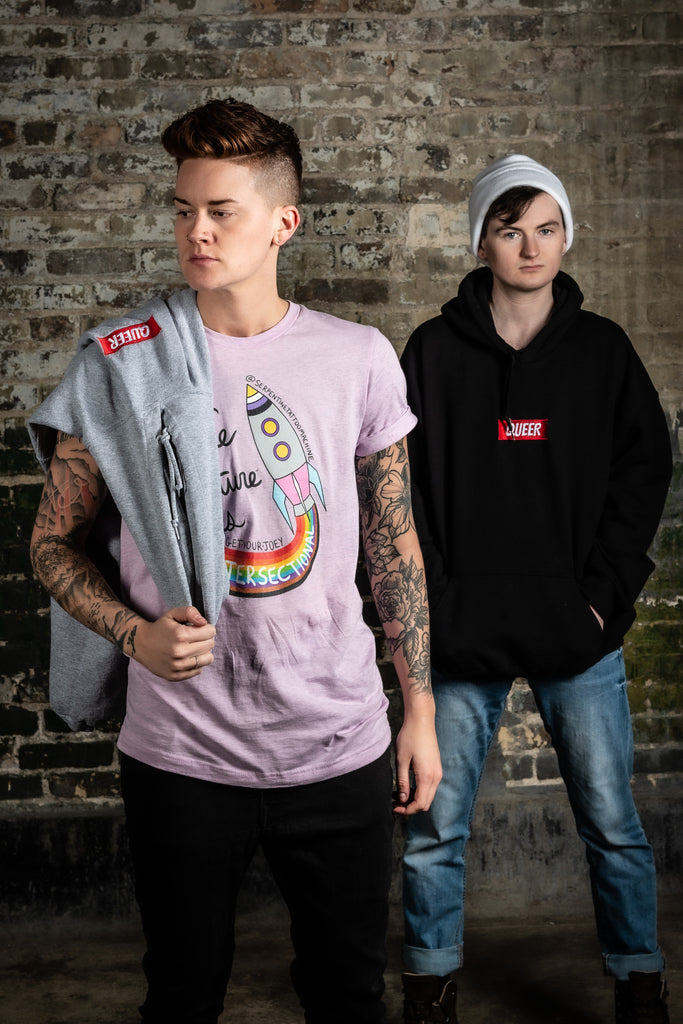 the future is intersectional  pink t-shirt, queer embroidered black hoodie, boydudeguymanbro cuffed white beanie get your joey apparel