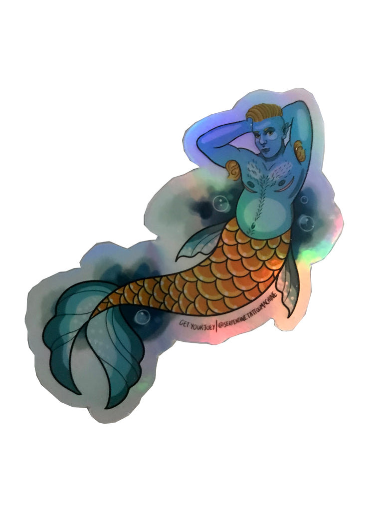 A metallic blue and gold merman strikes a pose. vinyl sticker get your joey