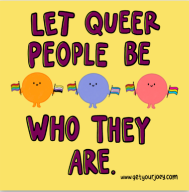 Purple text reads "Let Queer Be Who They Are" with 3 round cartoon people holding a variety of pride flags on a yellow background.