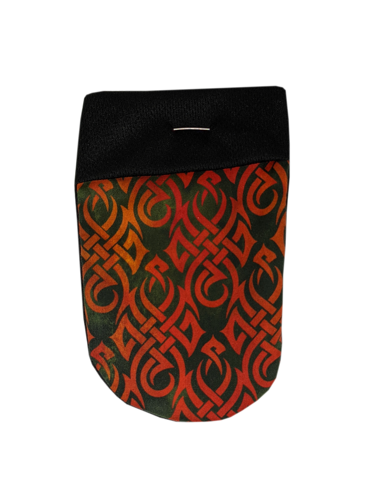  packing pouch for FTM, transmasculine and non-binary people. Joeys hold your packer in place. Fiery orange lines form a knotted dragon pattern on a dark green background.