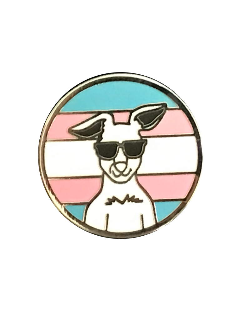 A round magnet with the upper torso of our Roo on a transpride flag background. Lapel pin with Get Your Joey logo