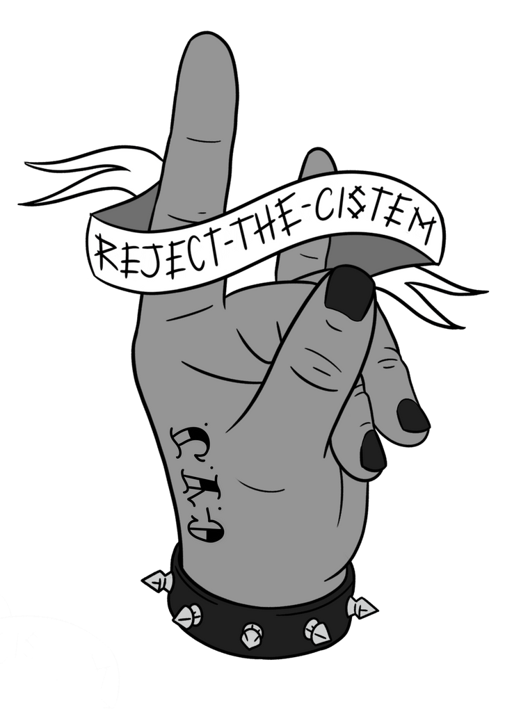 A tattooed hand doing the sign of horns with a transflag banner that says "reject the cistem"
