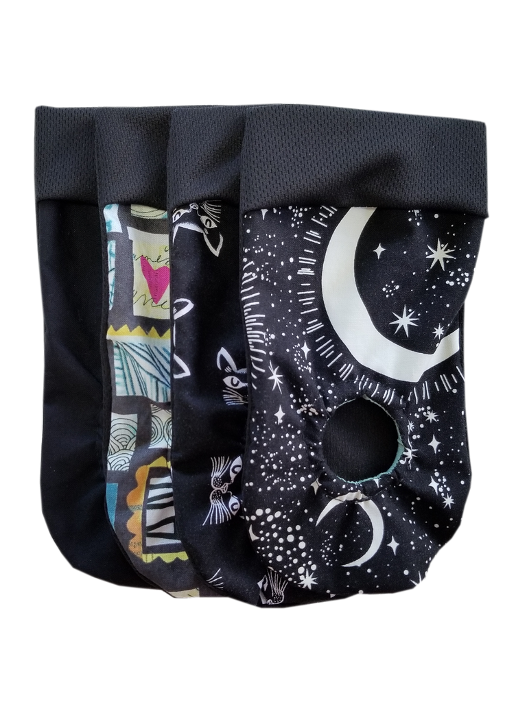  packing pouch for FTM, transmasculine and non-binary people. Joeys hold your packer in place. Classic Joeyo multipack with Black, Gallery, Catitude and Constellation patterns.