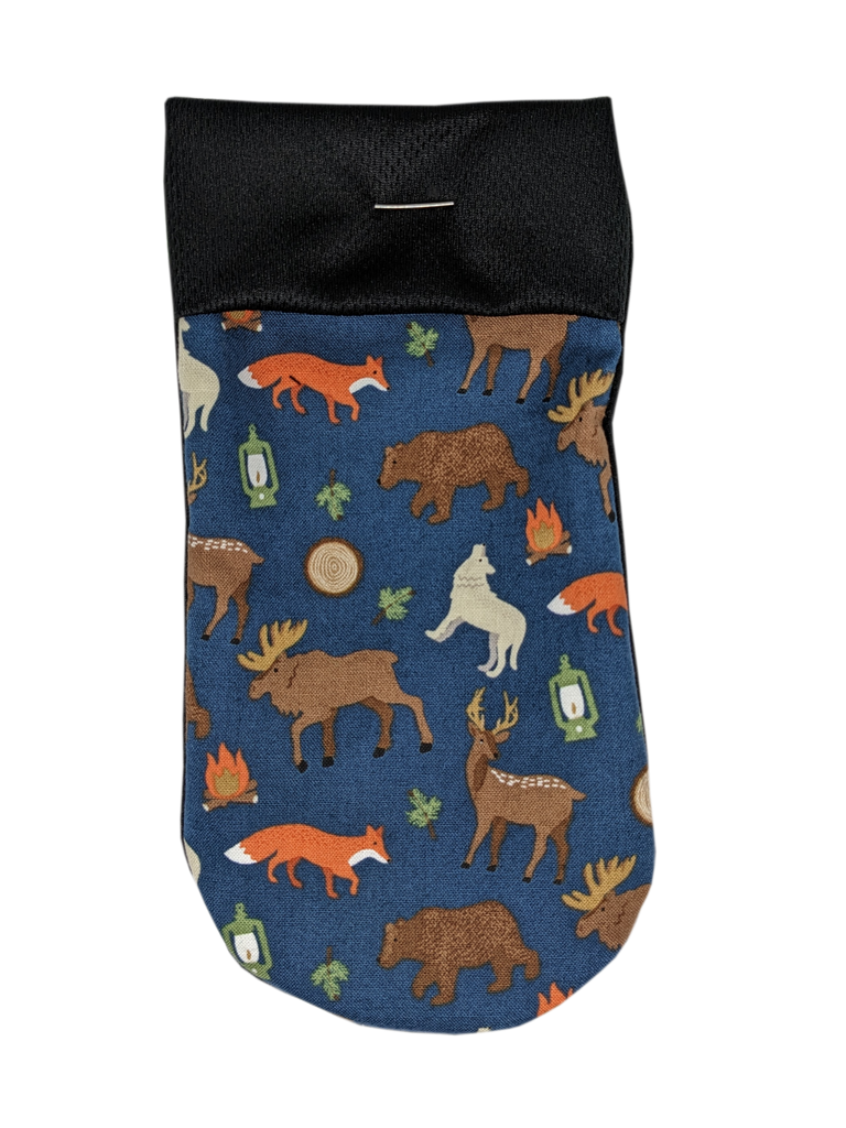  packing pouch for FTM, transmasculine and non-binary people. Joeys hold your packer in place. Foxes, Deer, Wolves, Moose, Bears, Lanterns & Campfires on a blue background. 
