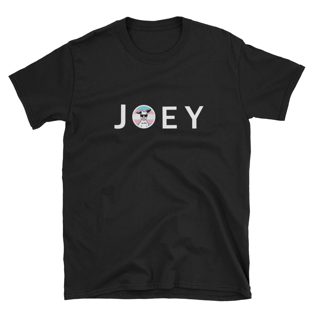 Black t-shirt with Get Your Joey logo - smiling kangaroo face on a trans flag for Pride.