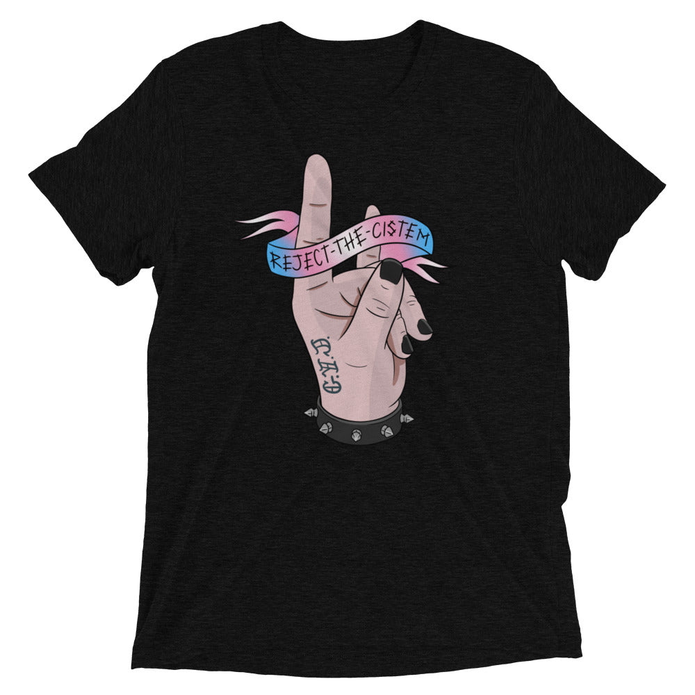 T-shirt with reject the cistem image in trans flag colours. In black