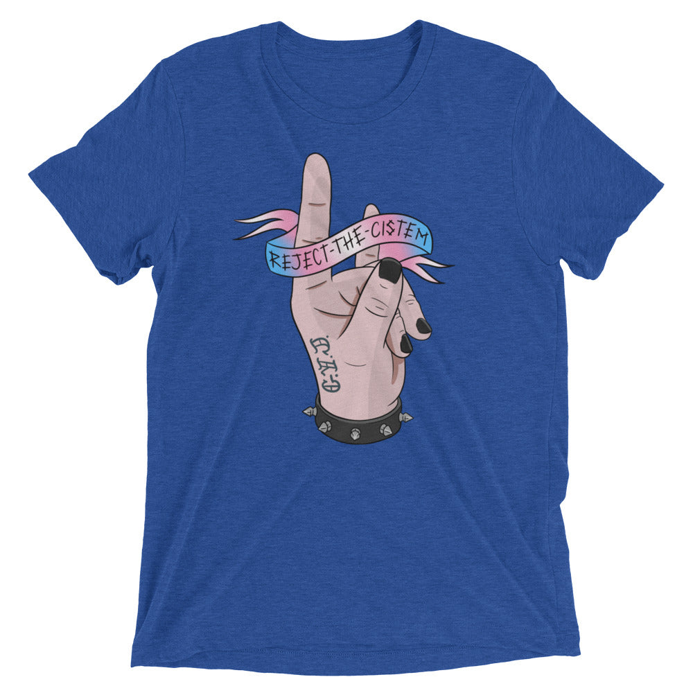 T-shirt with reject the cistem image in trans flag colours. In blue