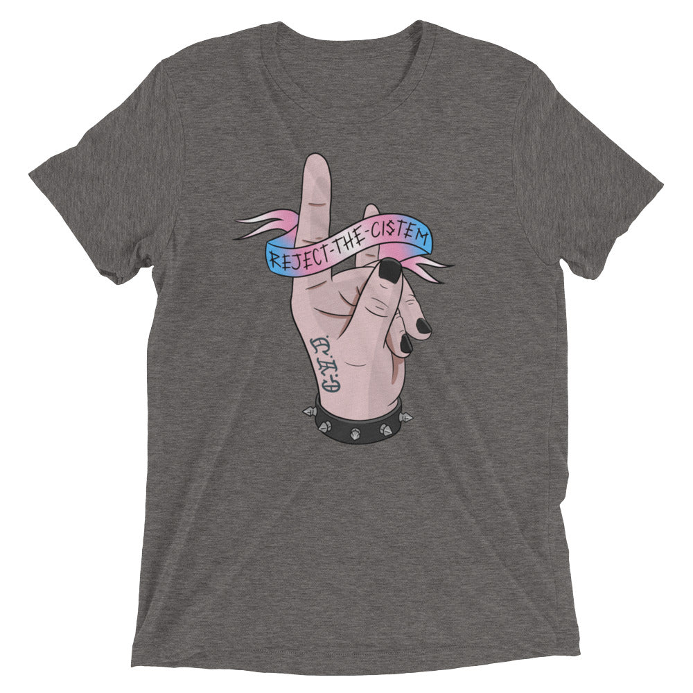 T-shirt with reject the cistem image in trans flag colours. In grey