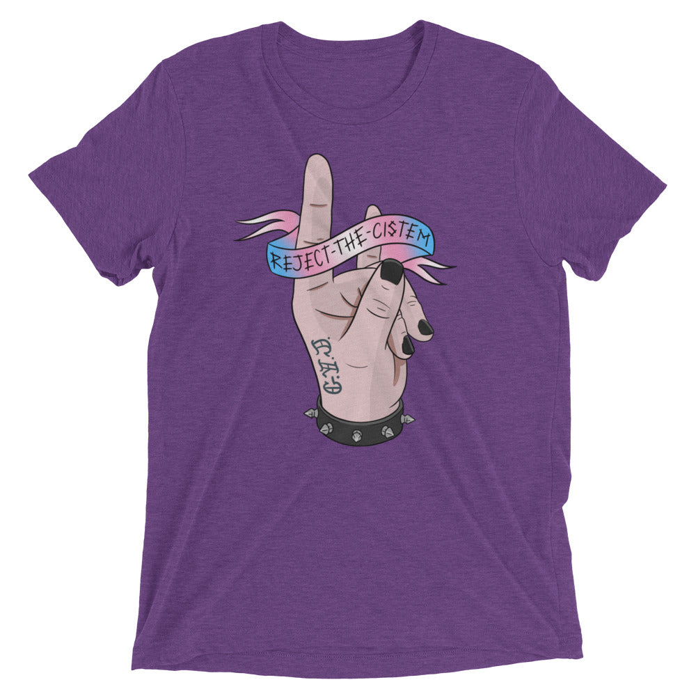 T-shirt with reject the cistem image in trans flag colours. In purple