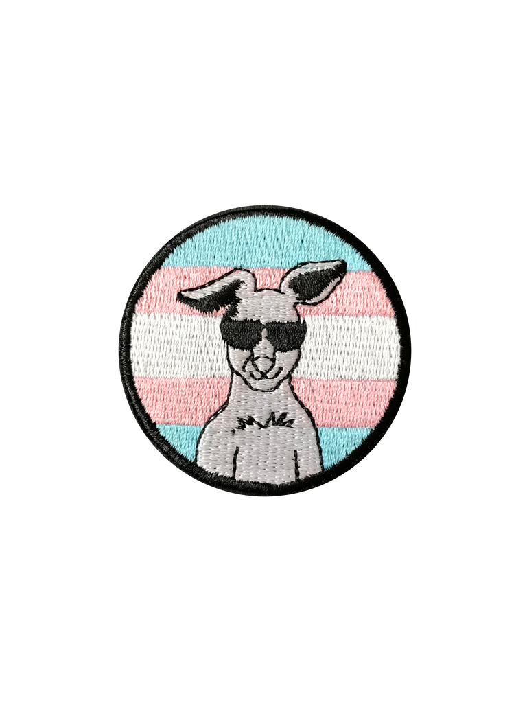Circular pride patch with the Joey logo (smiling kangaroo face with sunglasses) over a trans Pride flag